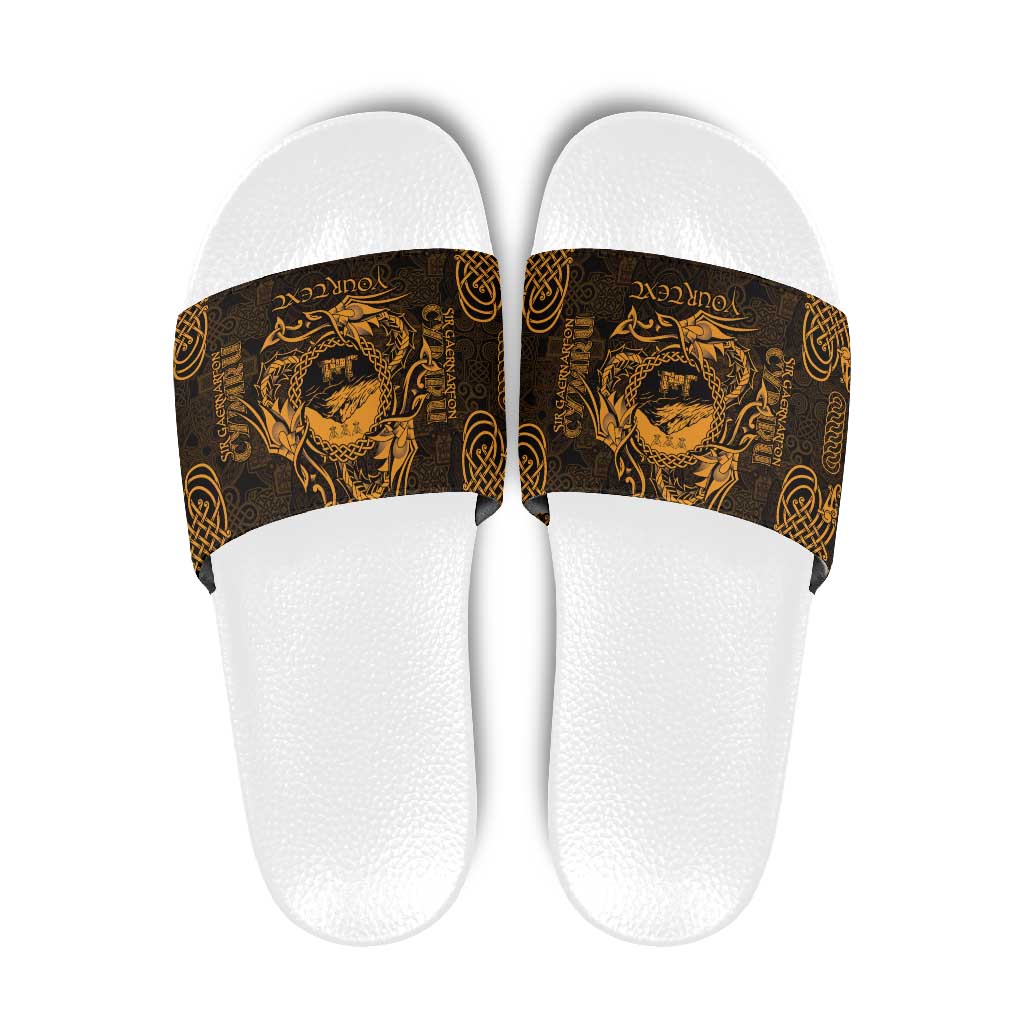 Personalized Caernarfonshire Sir Gaernarfon Slide Sandals Gold Castle Tower Celtic-inspired - Wonder Print Shop