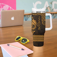 Personalized Caernarfonshire Sir Gaernarfon Tumbler With Handle Gold Castle Tower Celtic-inspired - Wonder Print Shop