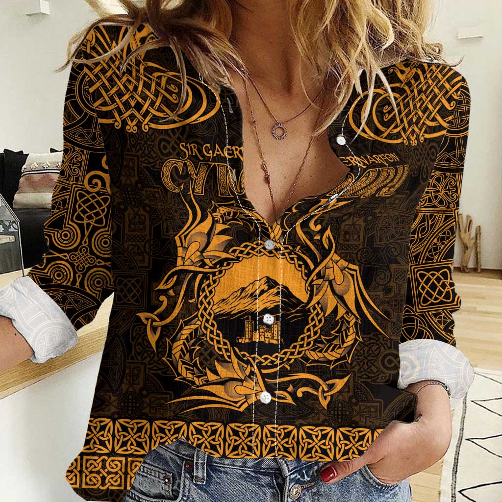 Personalized Caernarfonshire Sir Gaernarfon Women Casual Shirt Gold Castle Tower Celtic-inspired - Wonder Print Shop