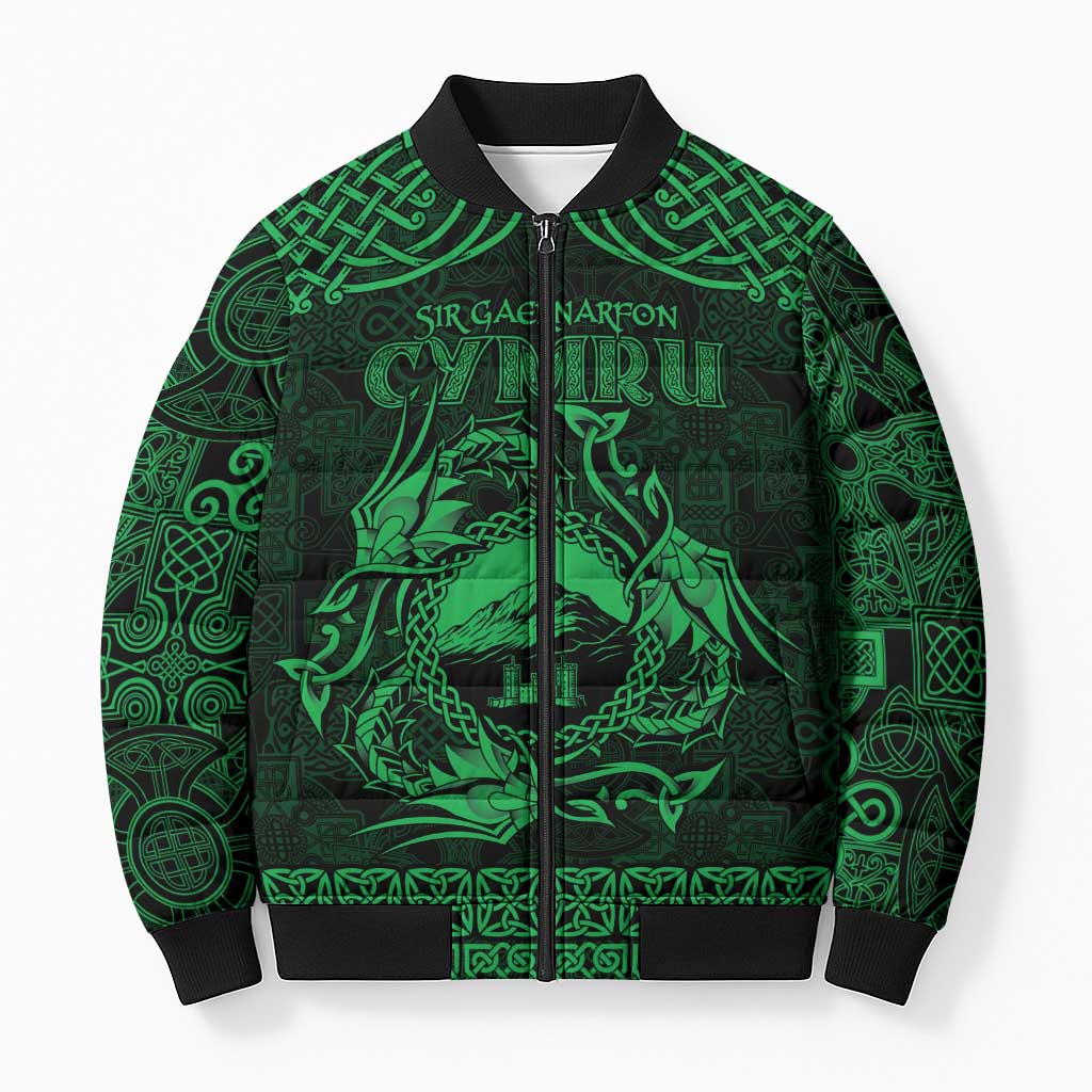 Personalized Caernarfonshire Sir Gaernarfon Bomber Puffer Jacket Green Castle Tower Celtic-inspired - Wonder Print Shop