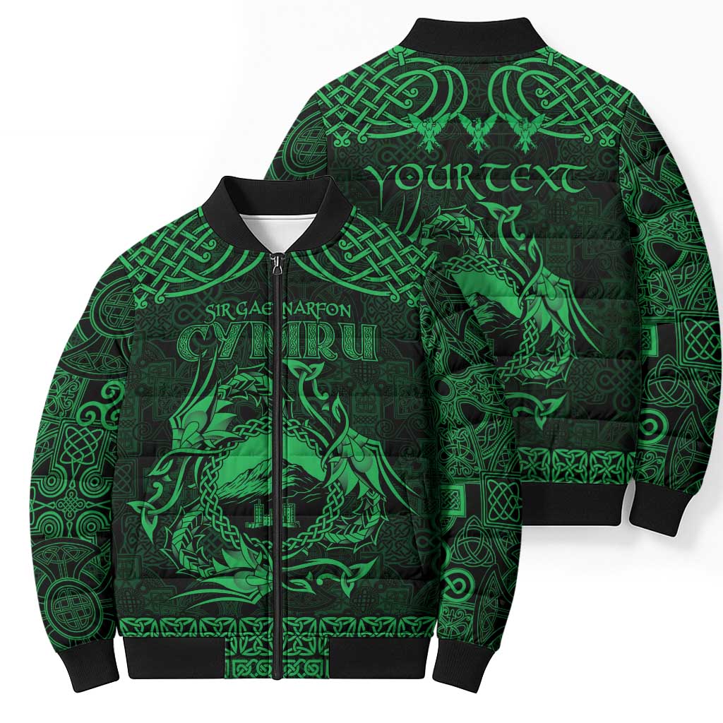Personalized Caernarfonshire Sir Gaernarfon Bomber Puffer Jacket Green Castle Tower Celtic-inspired - Wonder Print Shop