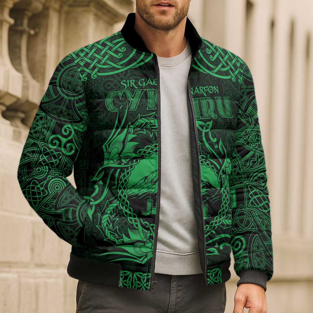 Personalized Caernarfonshire Sir Gaernarfon Bomber Puffer Jacket Green Castle Tower Celtic-inspired - Wonder Print Shop