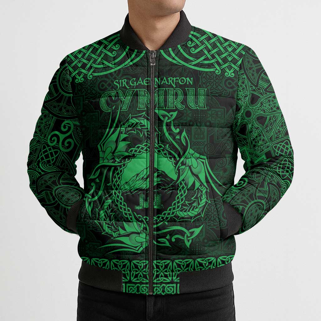 Personalized Caernarfonshire Sir Gaernarfon Bomber Puffer Jacket Green Castle Tower Celtic-inspired - Wonder Print Shop