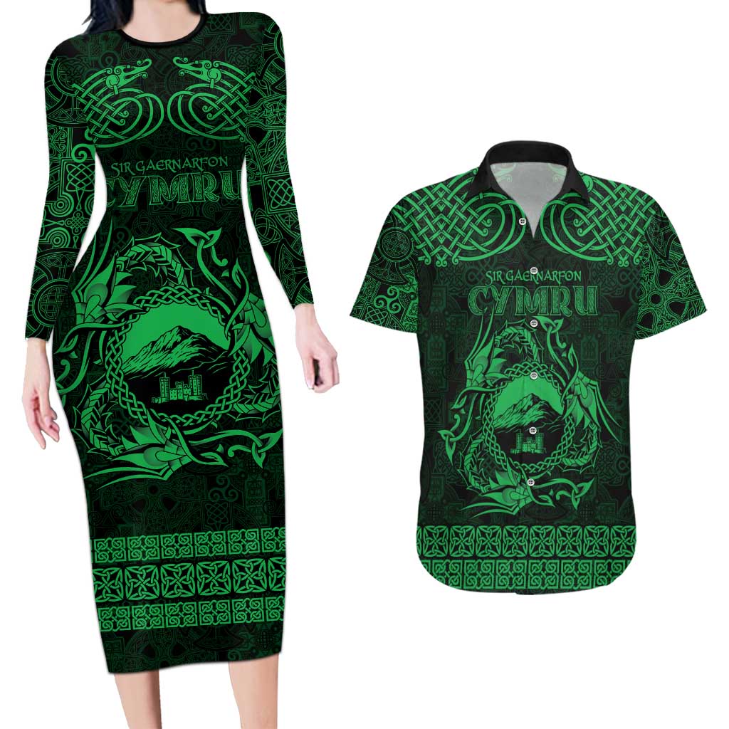 Personalized Caernarfonshire Sir Gaernarfon Couples Matching Long Sleeve Bodycon Dress and Hawaiian Shirt Green Castle Tower Celtic-inspired - Wonder Print Shop