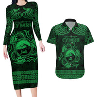 Personalized Caernarfonshire Sir Gaernarfon Couples Matching Long Sleeve Bodycon Dress and Hawaiian Shirt Green Castle Tower Celtic-inspired - Wonder Print Shop