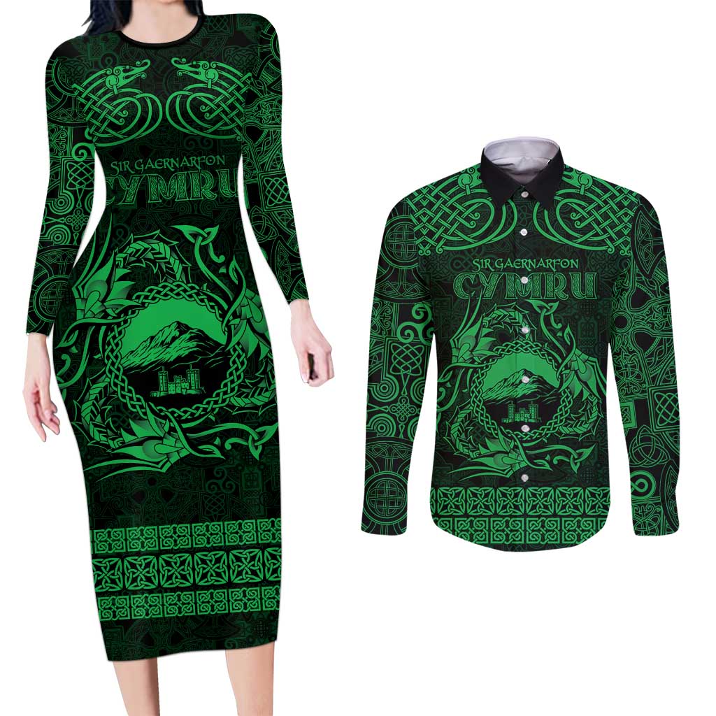 Personalized Caernarfonshire Sir Gaernarfon Couples Matching Long Sleeve Bodycon Dress and Long Sleeve Button Shirt Green Castle Tower Celtic-inspired - Wonder Print Shop
