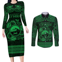 Personalized Caernarfonshire Sir Gaernarfon Couples Matching Long Sleeve Bodycon Dress and Long Sleeve Button Shirt Green Castle Tower Celtic-inspired - Wonder Print Shop
