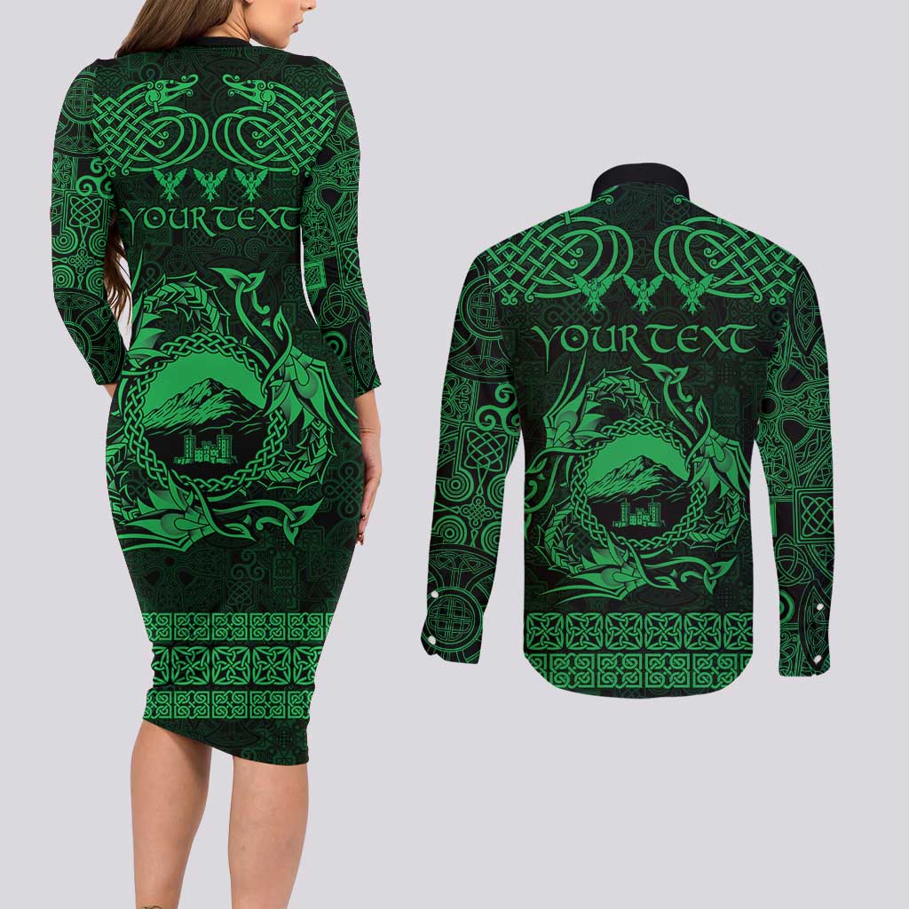 Personalized Caernarfonshire Sir Gaernarfon Couples Matching Long Sleeve Bodycon Dress and Long Sleeve Button Shirt Green Castle Tower Celtic-inspired - Wonder Print Shop
