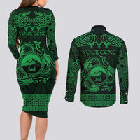 Personalized Caernarfonshire Sir Gaernarfon Couples Matching Long Sleeve Bodycon Dress and Long Sleeve Button Shirt Green Castle Tower Celtic-inspired - Wonder Print Shop