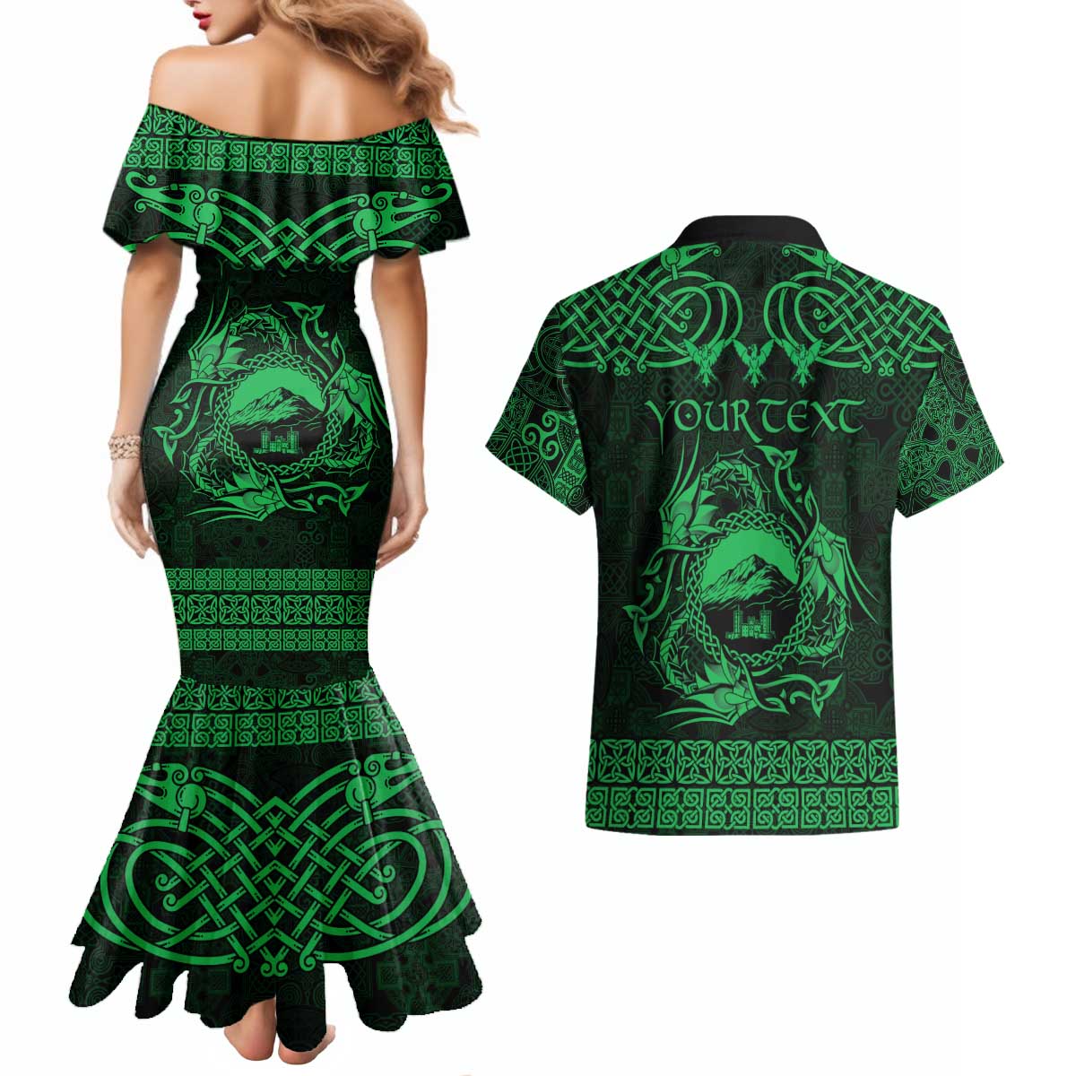 Personalized Caernarfonshire Sir Gaernarfon Couples Matching Mermaid Dress and Hawaiian Shirt Green Castle Tower Celtic-inspired - Wonder Print Shop