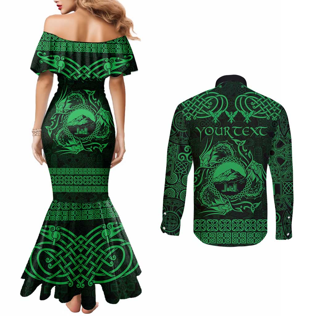 Personalized Caernarfonshire Sir Gaernarfon Couples Matching Mermaid Dress and Long Sleeve Button Shirt Green Castle Tower Celtic-inspired - Wonder Print Shop