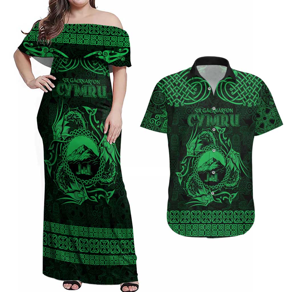 Personalized Caernarfonshire Sir Gaernarfon Couples Matching Off Shoulder Maxi Dress and Hawaiian Shirt Green Castle Tower Celtic-inspired - Wonder Print Shop