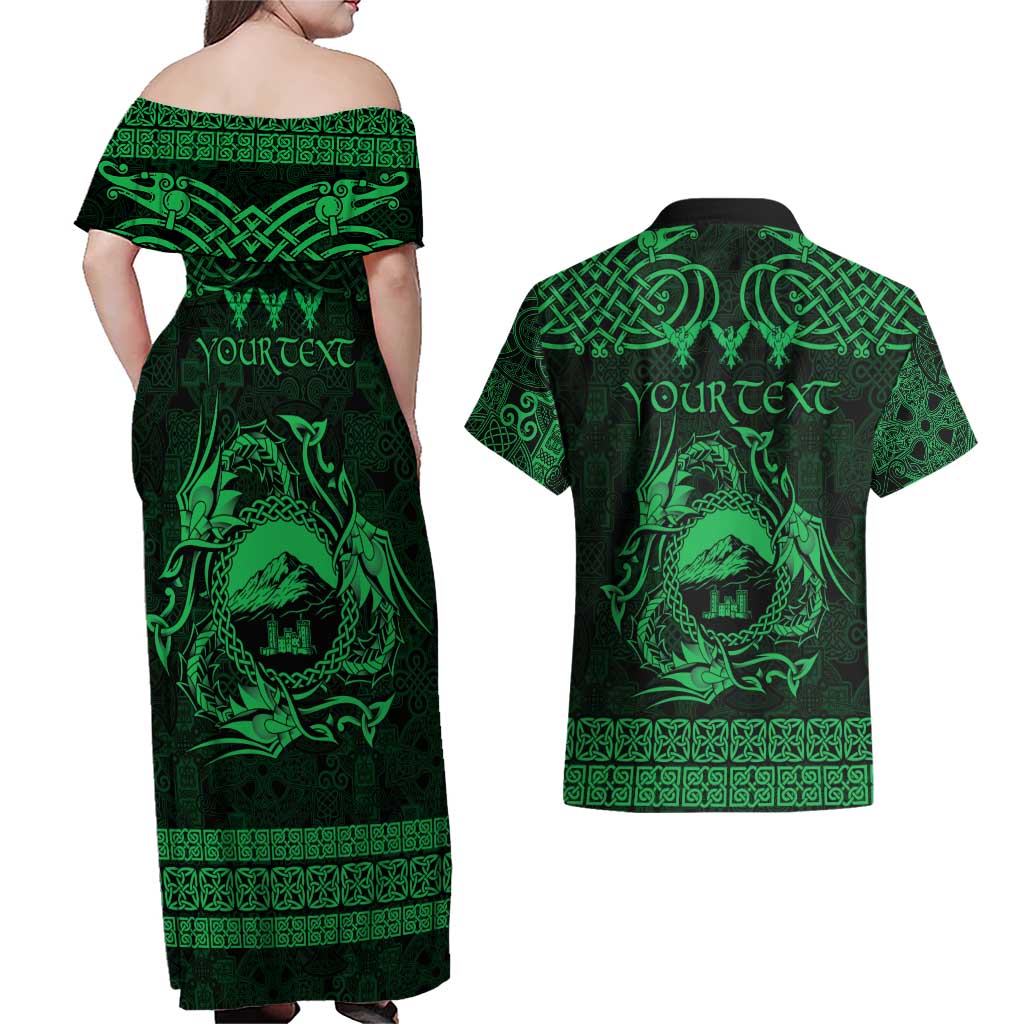Personalized Caernarfonshire Sir Gaernarfon Couples Matching Off Shoulder Maxi Dress and Hawaiian Shirt Green Castle Tower Celtic-inspired - Wonder Print Shop