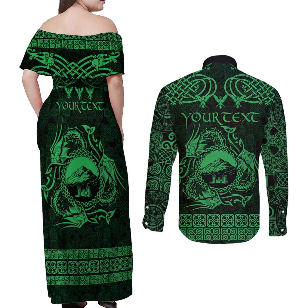 Personalized Caernarfonshire Sir Gaernarfon Couples Matching Off Shoulder Maxi Dress and Long Sleeve Button Shirt Green Castle Tower Celtic-inspired - Wonder Print Shop