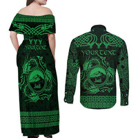 Personalized Caernarfonshire Sir Gaernarfon Couples Matching Off Shoulder Maxi Dress and Long Sleeve Button Shirt Green Castle Tower Celtic-inspired - Wonder Print Shop