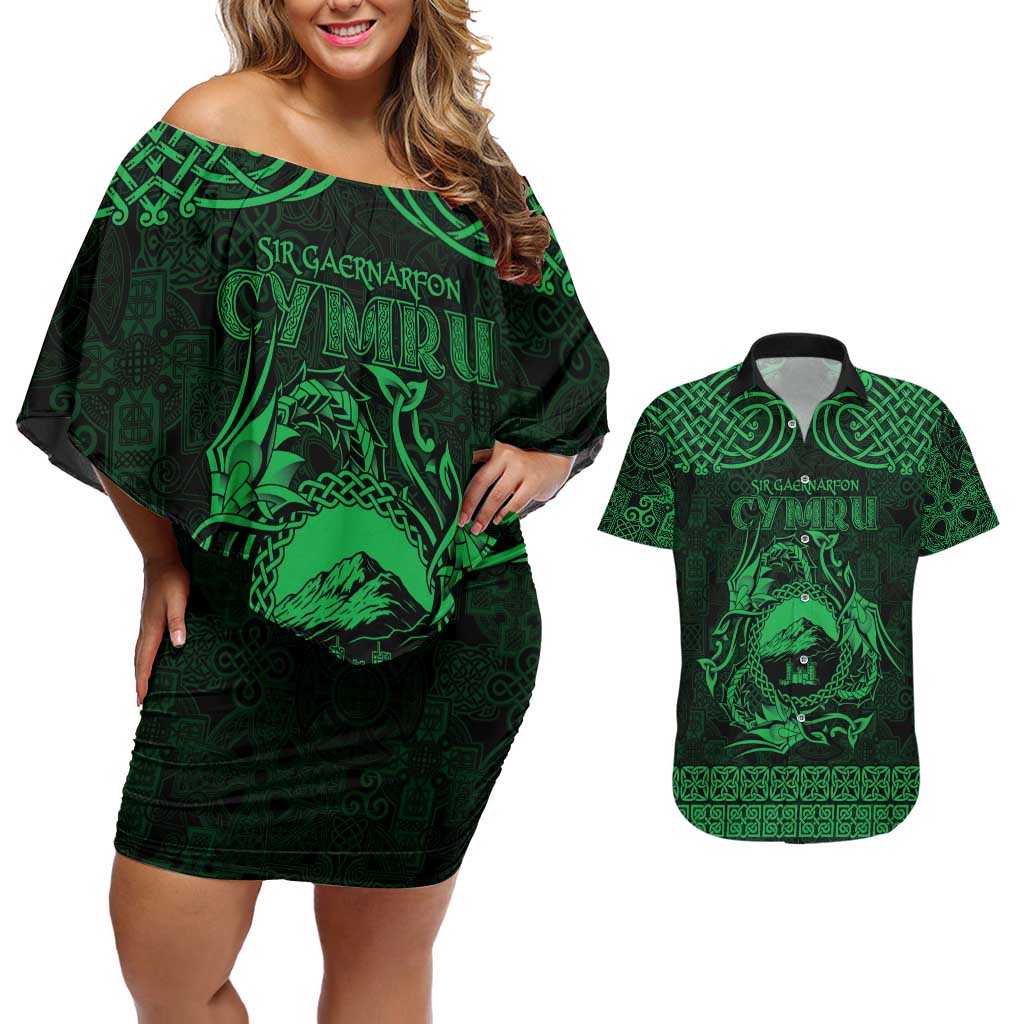 Personalized Caernarfonshire Sir Gaernarfon Couples Matching Off Shoulder Short Dress and Hawaiian Shirt Green Castle Tower Celtic-inspired - Wonder Print Shop