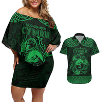 Personalized Caernarfonshire Sir Gaernarfon Couples Matching Off Shoulder Short Dress and Hawaiian Shirt Green Castle Tower Celtic-inspired - Wonder Print Shop