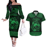 Personalized Caernarfonshire Sir Gaernarfon Couples Matching Off The Shoulder Long Sleeve Dress and Hawaiian Shirt Green Castle Tower Celtic-inspired - Wonder Print Shop