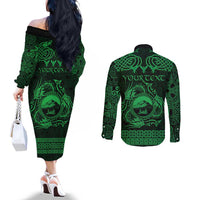 Personalized Caernarfonshire Sir Gaernarfon Couples Matching Off The Shoulder Long Sleeve Dress and Long Sleeve Button Shirt Green Castle Tower Celtic-inspired - Wonder Print Shop