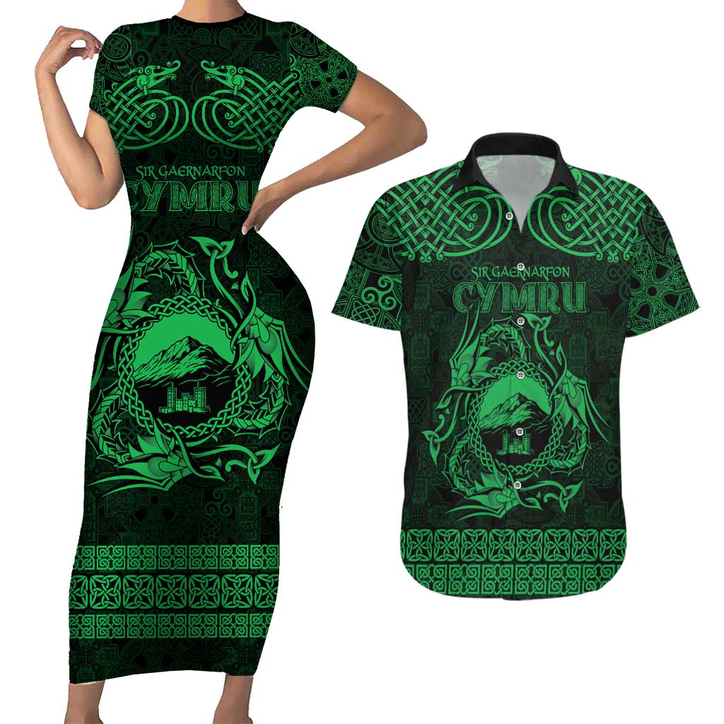 Personalized Caernarfonshire Sir Gaernarfon Couples Matching Short Sleeve Bodycon Dress and Hawaiian Shirt Green Castle Tower Celtic-inspired - Wonder Print Shop