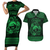 Personalized Caernarfonshire Sir Gaernarfon Couples Matching Short Sleeve Bodycon Dress and Hawaiian Shirt Green Castle Tower Celtic-inspired - Wonder Print Shop