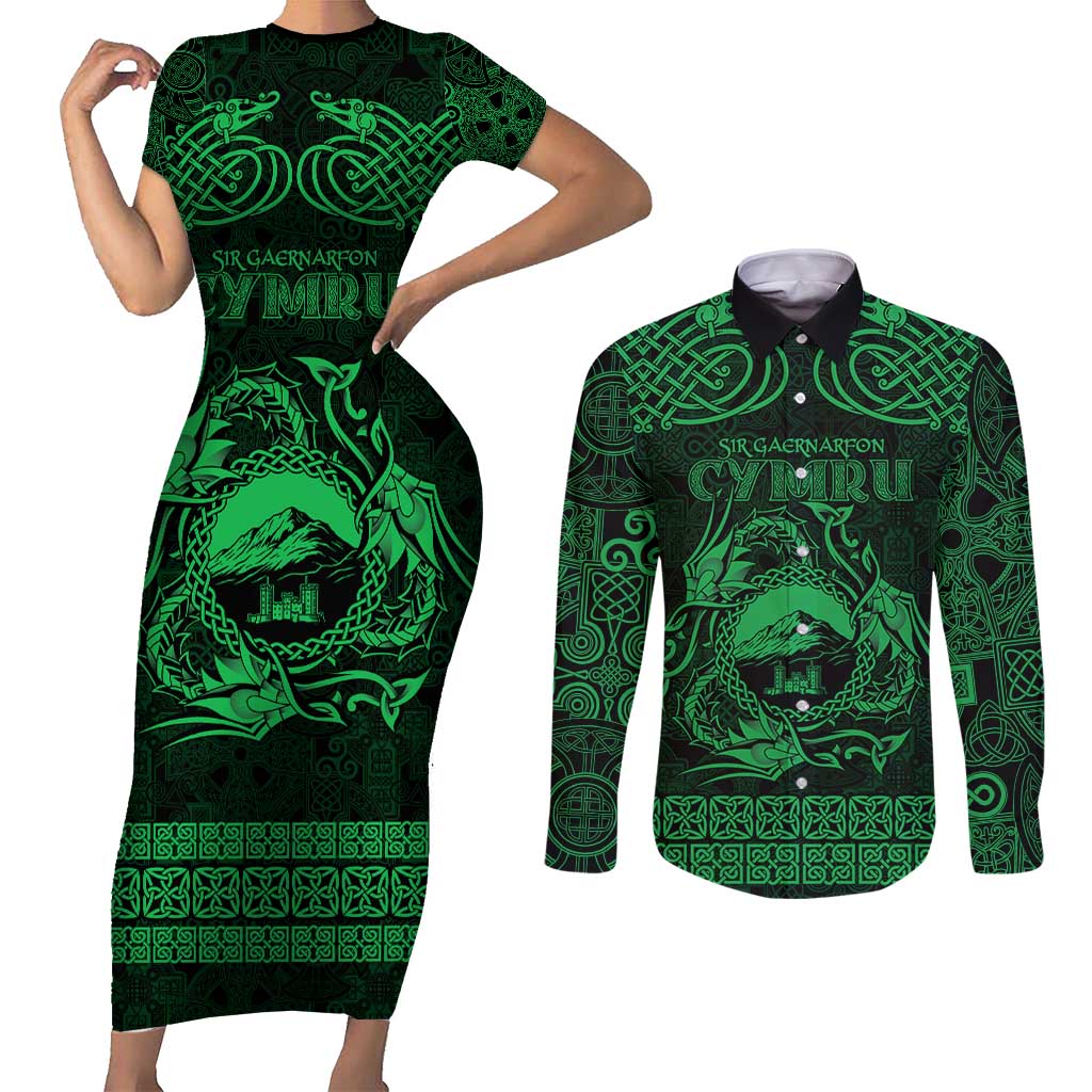 Personalized Caernarfonshire Sir Gaernarfon Couples Matching Short Sleeve Bodycon Dress and Long Sleeve Button Shirt Green Castle Tower Celtic-inspired - Wonder Print Shop