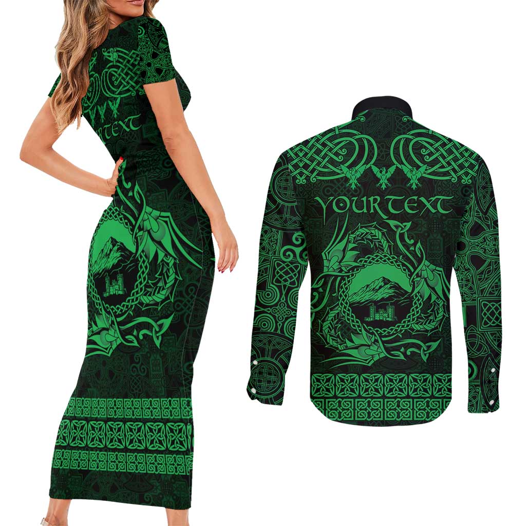 Personalized Caernarfonshire Sir Gaernarfon Couples Matching Short Sleeve Bodycon Dress and Long Sleeve Button Shirt Green Castle Tower Celtic-inspired - Wonder Print Shop
