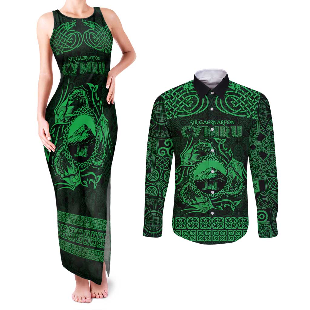 Personalized Caernarfonshire Sir Gaernarfon Couples Matching Tank Maxi Dress and Long Sleeve Button Shirt Green Castle Tower Celtic-inspired - Wonder Print Shop
