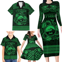 Personalized Caernarfonshire Sir Gaernarfon Family Matching Long Sleeve Bodycon Dress and Hawaiian Shirt Green Castle Tower Celtic-inspired - Wonder Print Shop