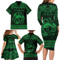 Personalized Caernarfonshire Sir Gaernarfon Family Matching Long Sleeve Bodycon Dress and Hawaiian Shirt Green Castle Tower Celtic-inspired - Wonder Print Shop