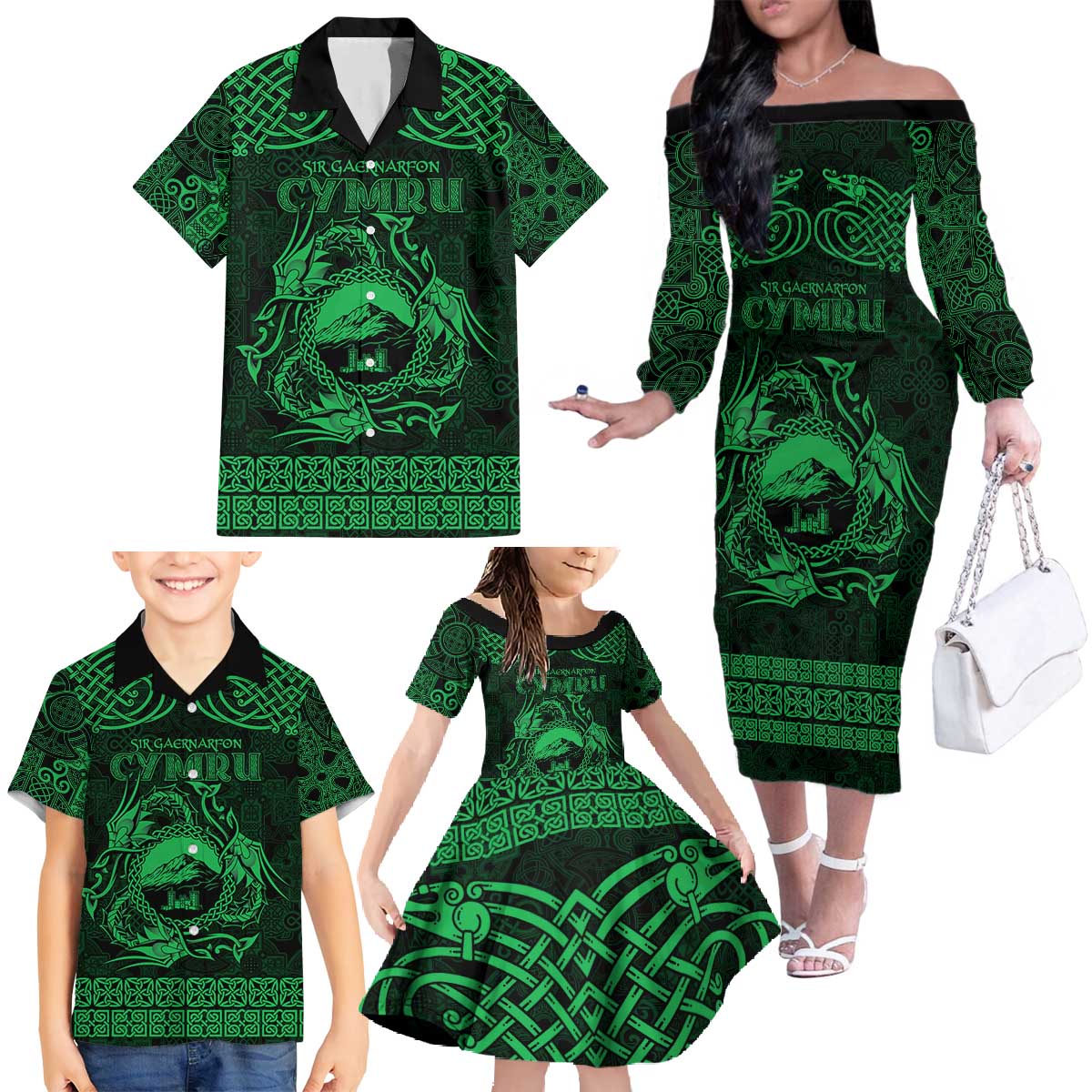 Personalized Caernarfonshire Sir Gaernarfon Family Matching Off The Shoulder Long Sleeve Dress and Hawaiian Shirt Green Castle Tower Celtic-inspired - Wonder Print Shop