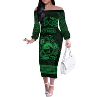 Personalized Caernarfonshire Sir Gaernarfon Family Matching Off The Shoulder Long Sleeve Dress and Hawaiian Shirt Green Castle Tower Celtic-inspired - Wonder Print Shop