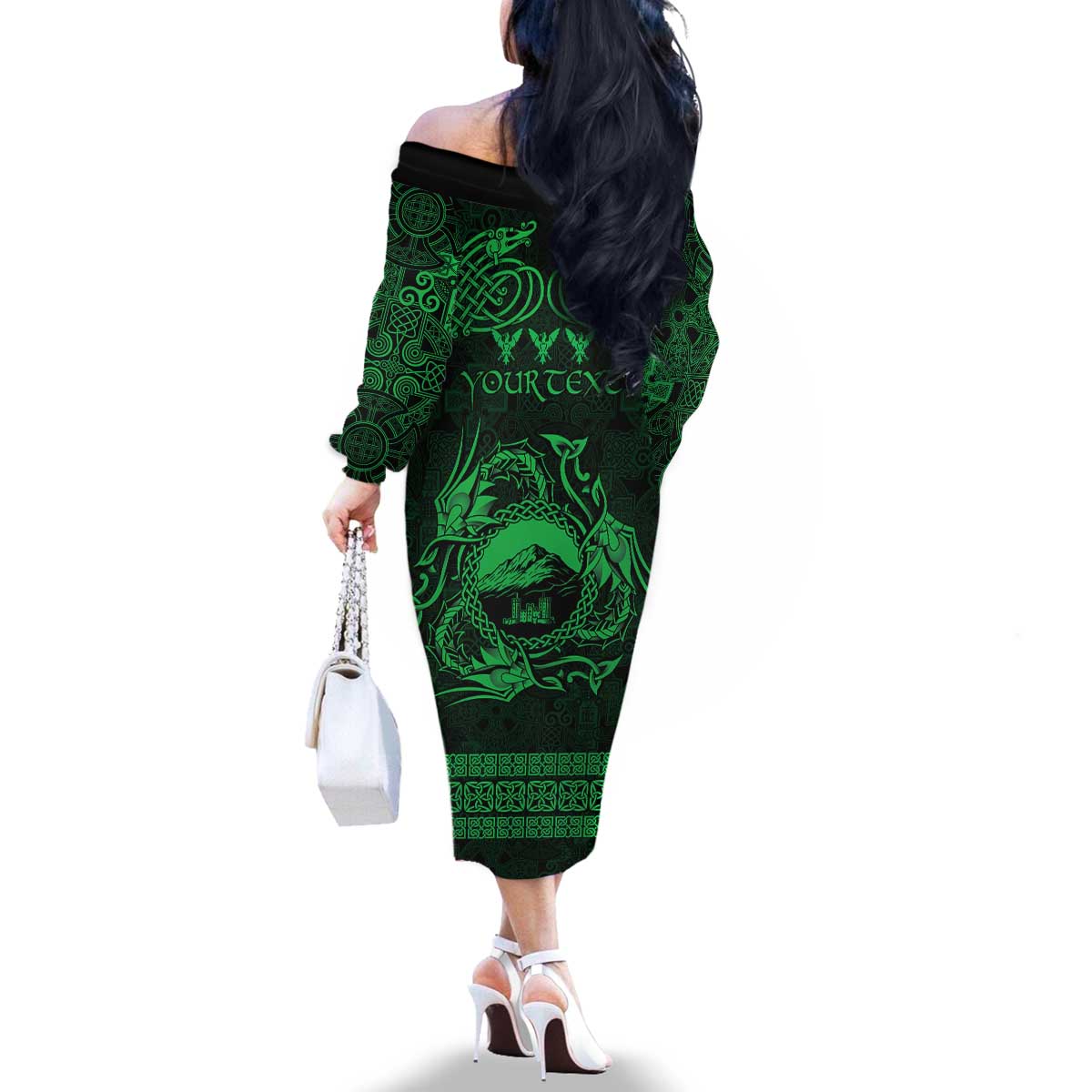 Personalized Caernarfonshire Sir Gaernarfon Family Matching Off The Shoulder Long Sleeve Dress and Hawaiian Shirt Green Castle Tower Celtic-inspired - Wonder Print Shop