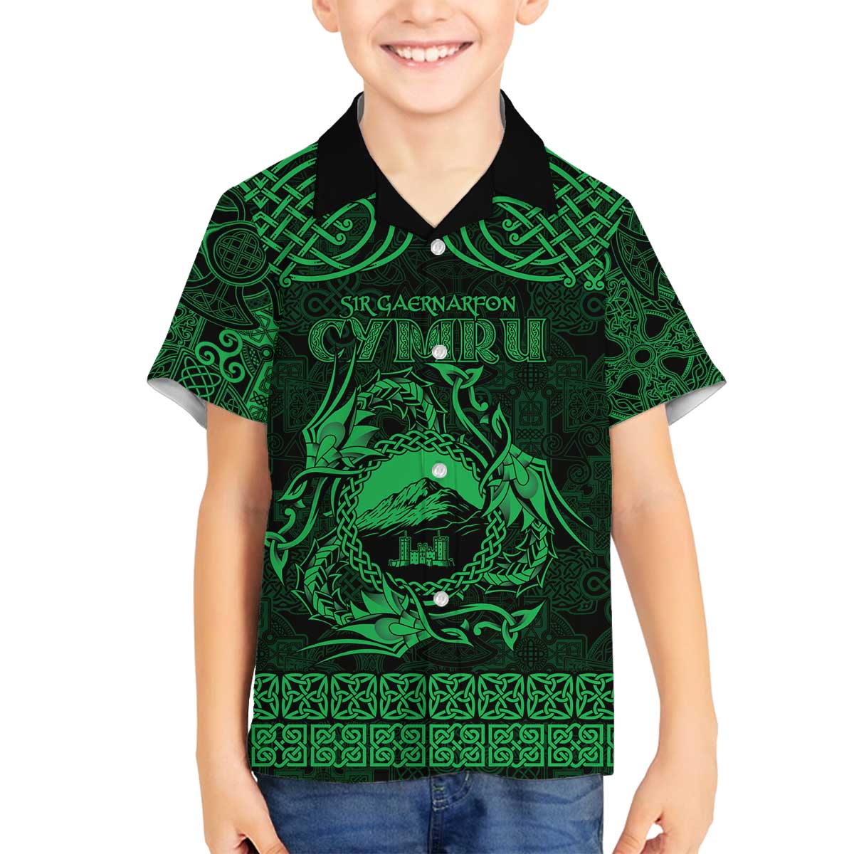 Personalized Caernarfonshire Sir Gaernarfon Family Matching Off The Shoulder Long Sleeve Dress and Hawaiian Shirt Green Castle Tower Celtic-inspired - Wonder Print Shop