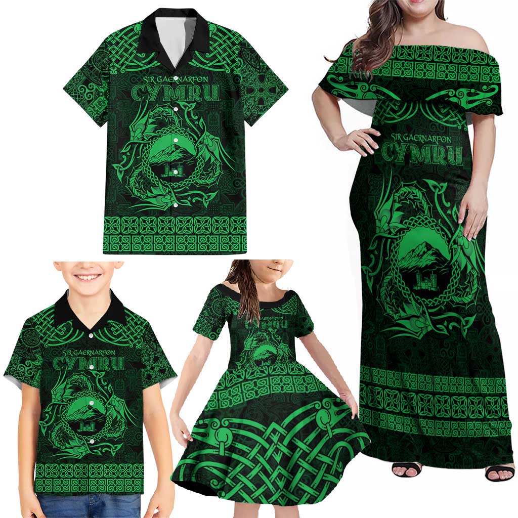 Personalized Caernarfonshire Sir Gaernarfon Family Matching Off Shoulder Maxi Dress and Hawaiian Shirt Green Castle Tower Celtic-inspired - Wonder Print Shop
