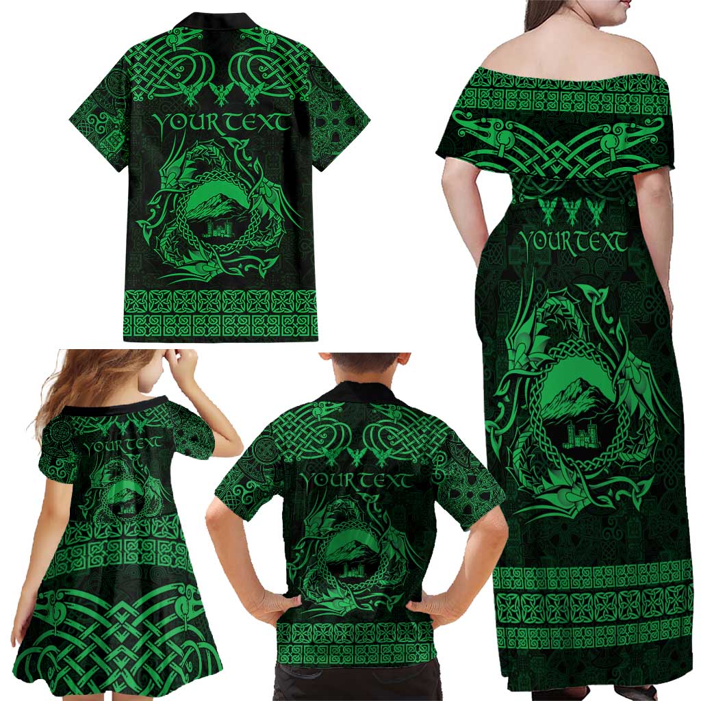 Personalized Caernarfonshire Sir Gaernarfon Family Matching Off Shoulder Maxi Dress and Hawaiian Shirt Green Castle Tower Celtic-inspired - Wonder Print Shop