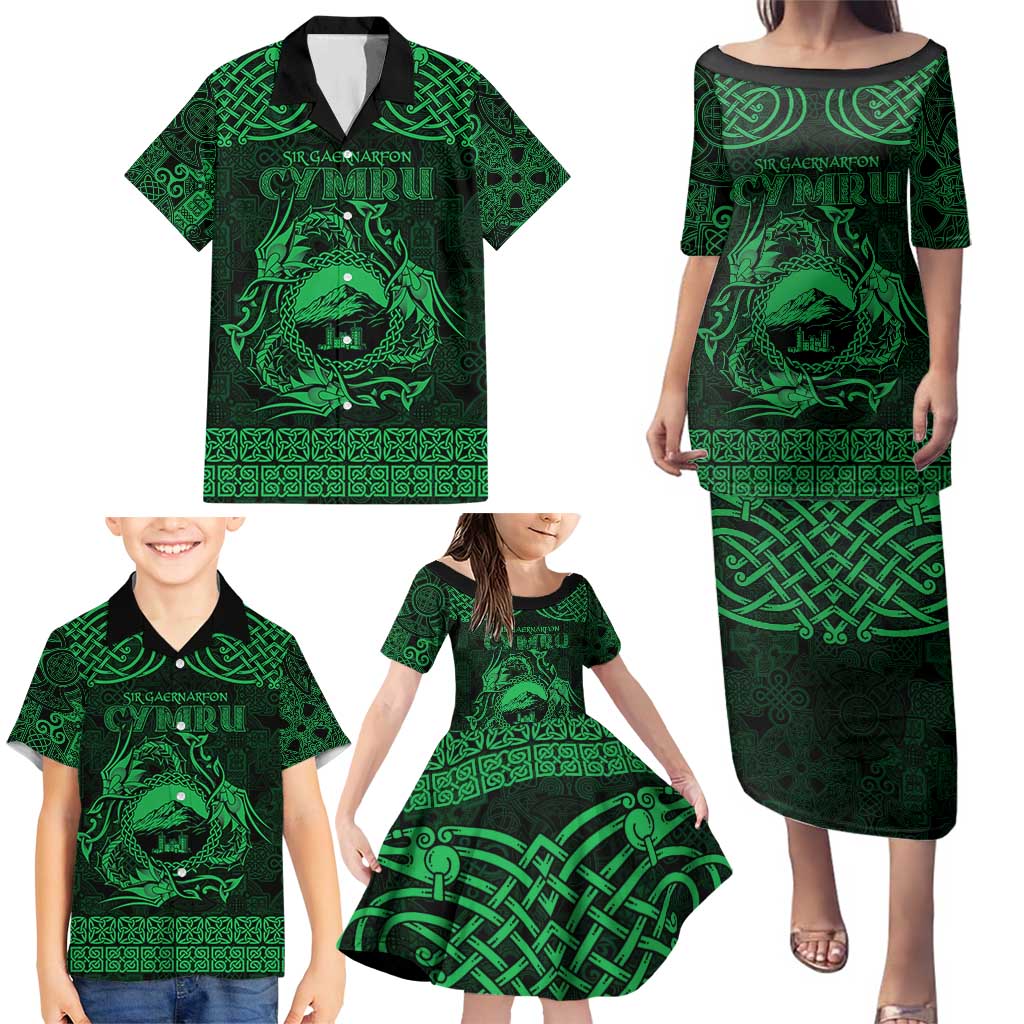 Personalized Caernarfonshire Sir Gaernarfon Family Matching Puletasi and Hawaiian Shirt Green Castle Tower Celtic-inspired - Wonder Print Shop