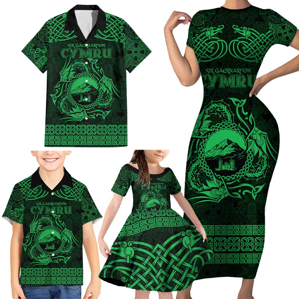 Personalized Caernarfonshire Sir Gaernarfon Family Matching Short Sleeve Bodycon Dress and Hawaiian Shirt Green Castle Tower Celtic-inspired - Wonder Print Shop