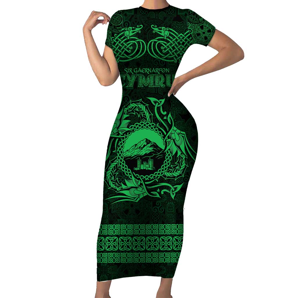 Personalized Caernarfonshire Sir Gaernarfon Family Matching Short Sleeve Bodycon Dress and Hawaiian Shirt Green Castle Tower Celtic-inspired - Wonder Print Shop