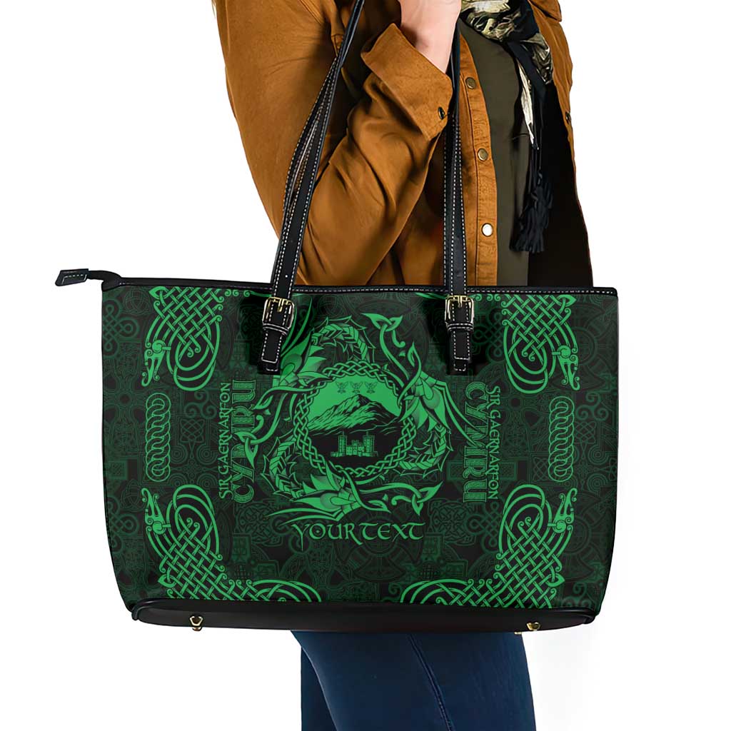 Personalized Caernarfonshire Sir Gaernarfon Leather Tote Bag Green Castle Tower Celtic-inspired - Wonder Print Shop