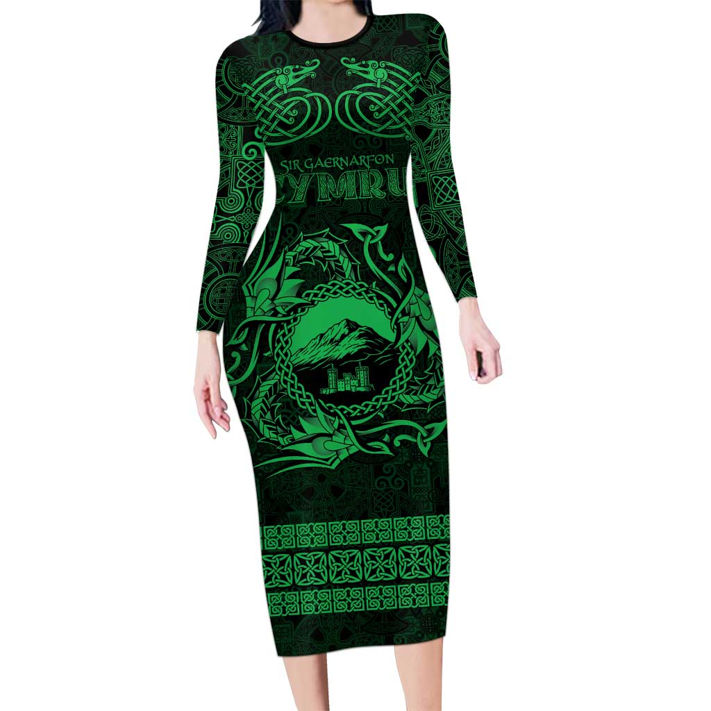 Personalized Caernarfonshire Sir Gaernarfon Long Sleeve Bodycon Dress Green Castle Tower Celtic-inspired - Wonder Print Shop