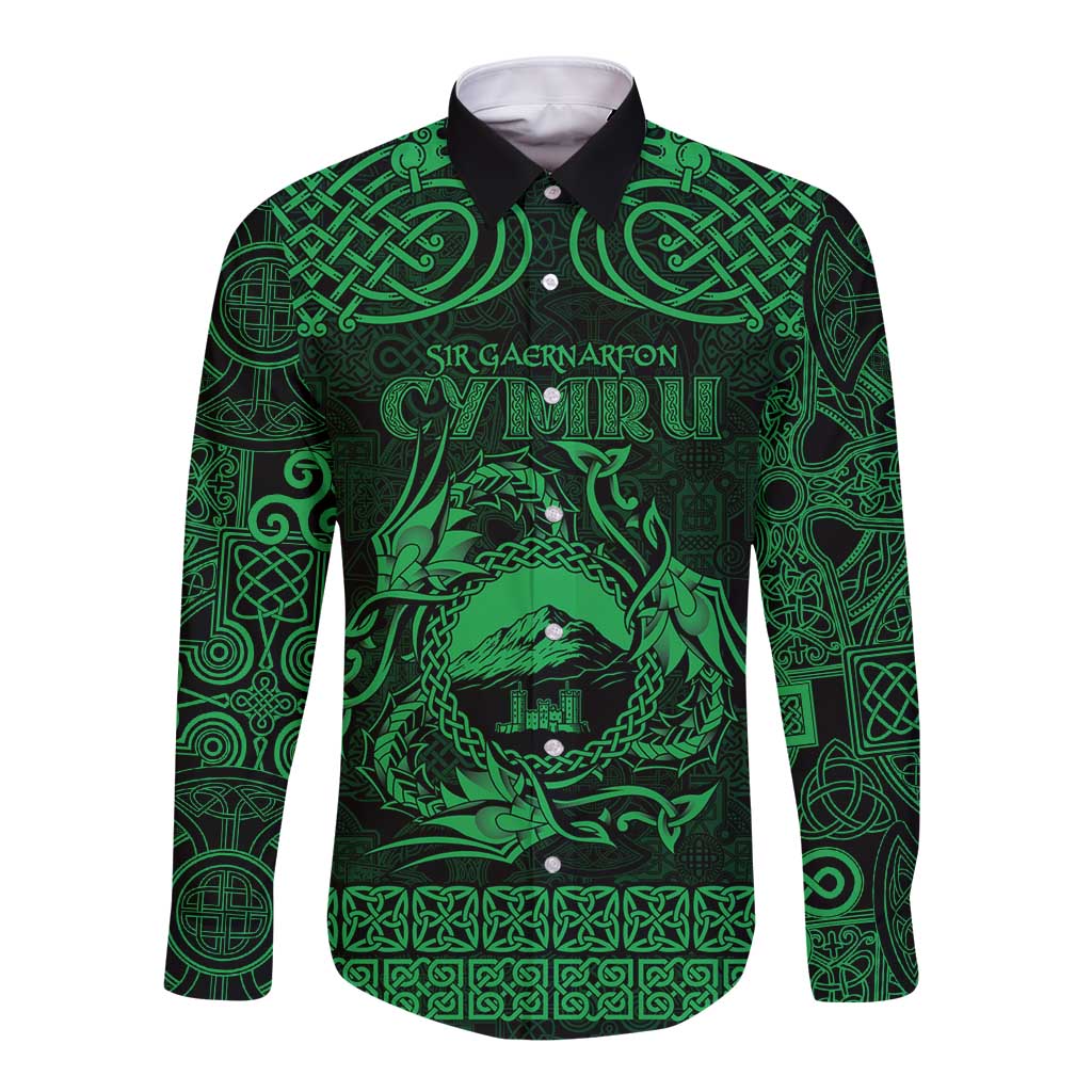 Personalized Caernarfonshire Sir Gaernarfon Long Sleeve Button Shirt Green Castle Tower Celtic-inspired - Wonder Print Shop