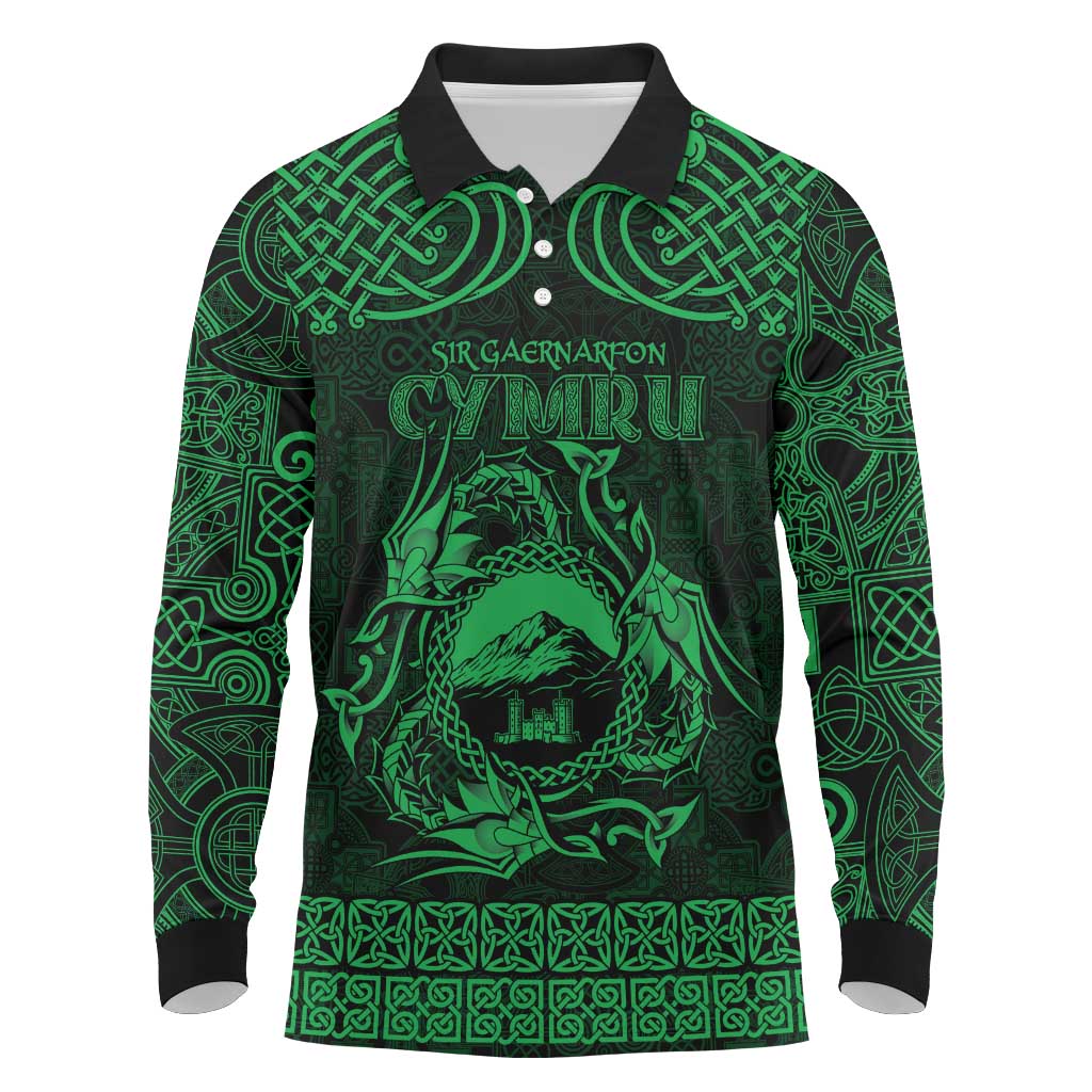 Personalized Caernarfonshire Sir Gaernarfon Long Sleeve Polo Shirt Green Castle Tower Celtic-inspired - Wonder Print Shop