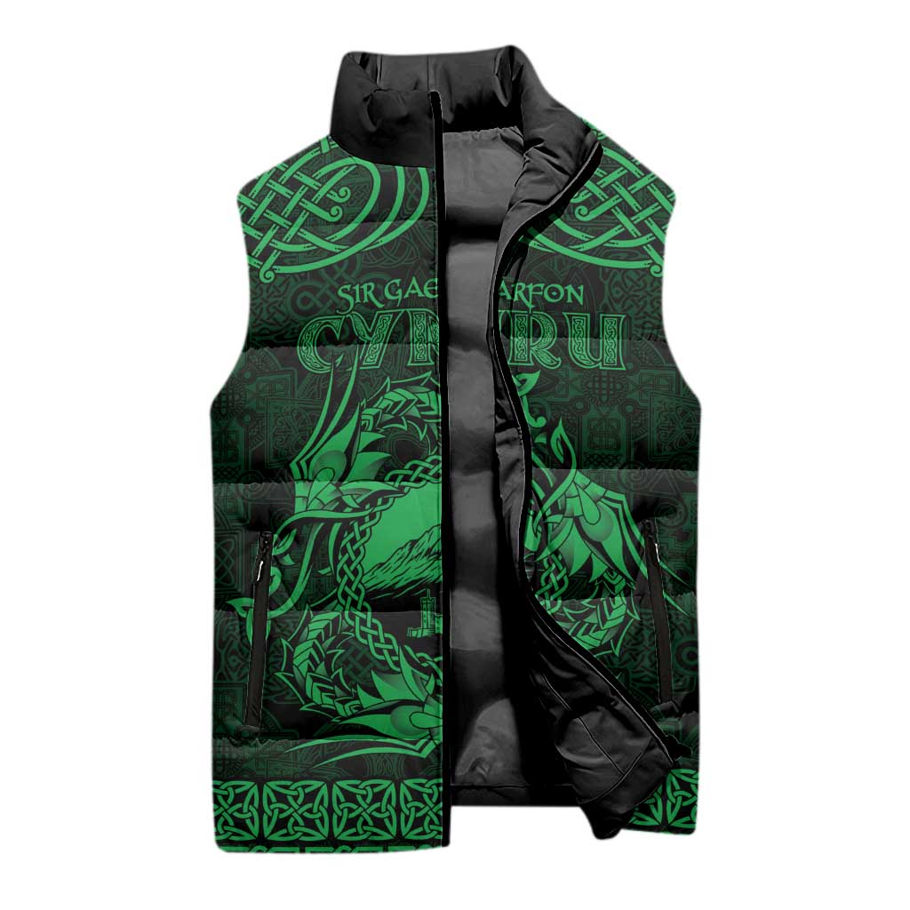 Personalized Caernarfonshire Sir Gaernarfon Sleeveless Puffer Jacket Green Castle Tower Celtic-inspired - Wonder Print Shop