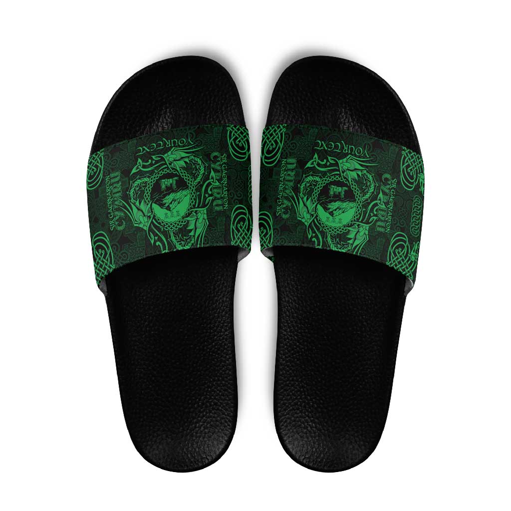 Personalized Caernarfonshire Sir Gaernarfon Slide Sandals Green Castle Tower Celtic-inspired - Wonder Print Shop