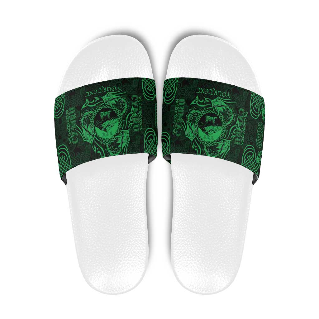 Personalized Caernarfonshire Sir Gaernarfon Slide Sandals Green Castle Tower Celtic-inspired - Wonder Print Shop