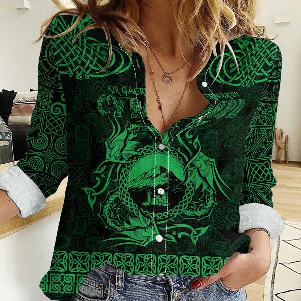 Personalized Caernarfonshire Sir Gaernarfon Women Casual Shirt Green Castle Tower Celtic-inspired - Wonder Print Shop