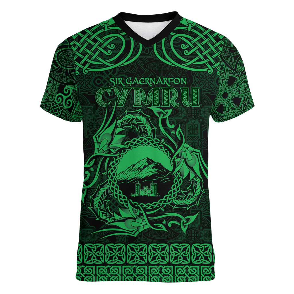 Personalized Caernarfonshire Sir Gaernarfon Women V-Neck T-Shirt Green Castle Tower Celtic-inspired - Wonder Print Shop