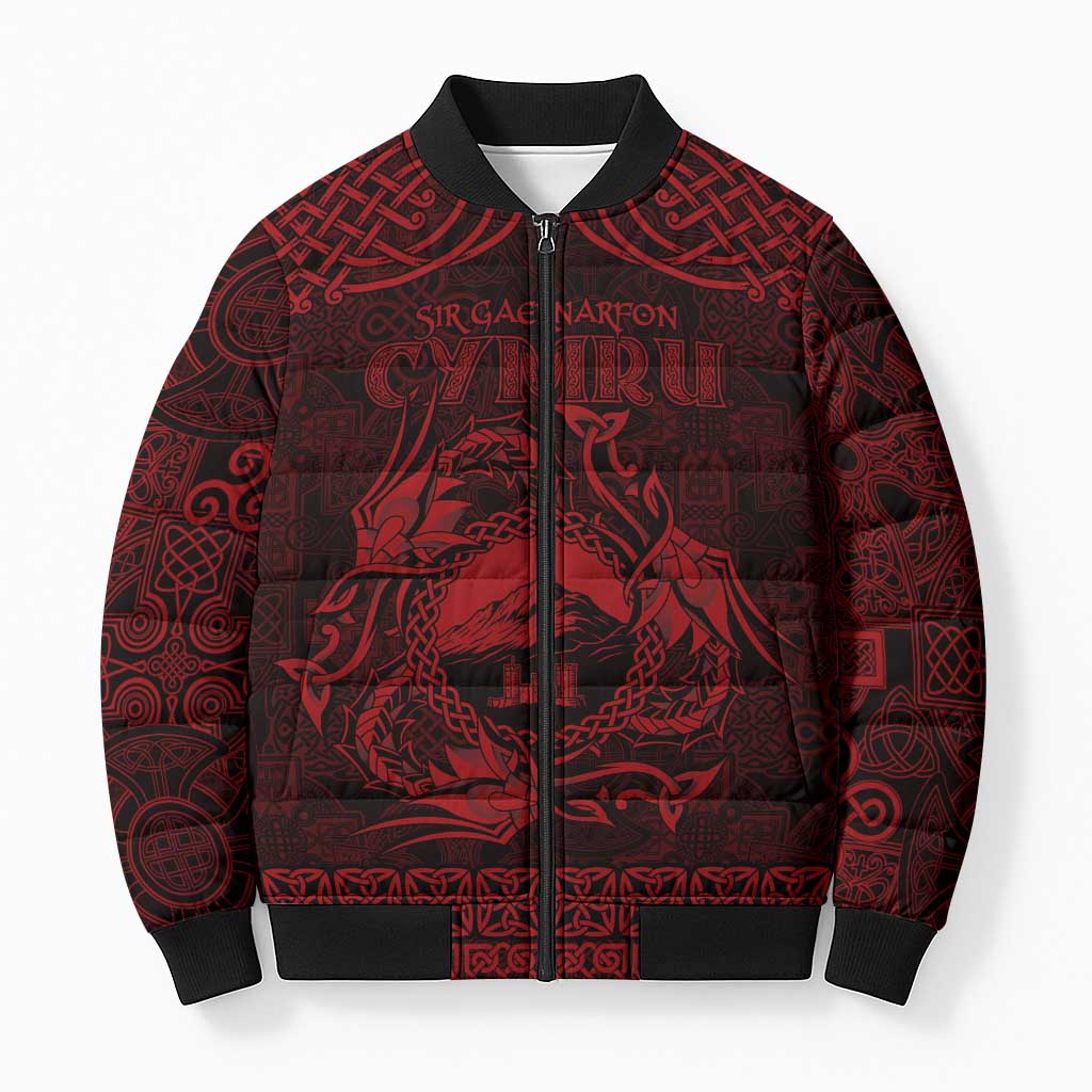 Personalized Caernarfonshire Sir Gaernarfon Bomber Puffer Jacket Red Castle Tower Celtic-inspired - Wonder Print Shop