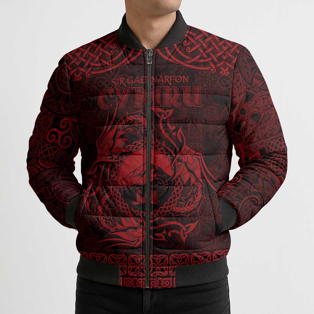 Personalized Caernarfonshire Sir Gaernarfon Bomber Puffer Jacket Red Castle Tower Celtic-inspired - Wonder Print Shop